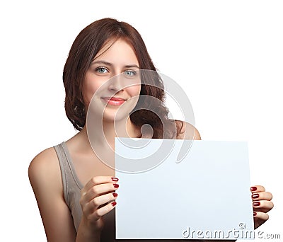 Smiling, Caucasian woman 18 years old, shows blank sign board. Stock Photo