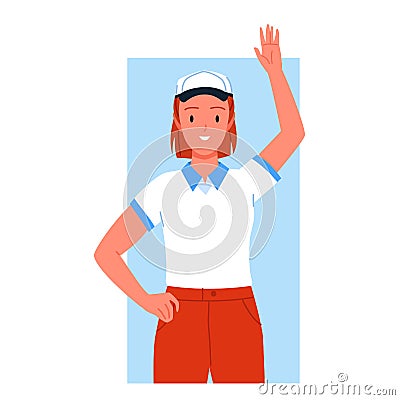 Smiling and cheerful seller girl greeting potential customers Vector Illustration