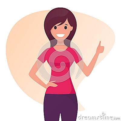 Smiling cheerful young woman shows a thumb up gesture. Vector Illustration