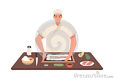 Smiling chef cooking sushi at kitchen table vector flat illustration. Professional kitchener making traditional Japanese Vector Illustration