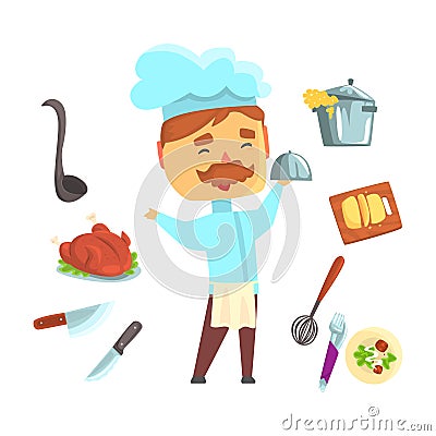 Smiling chef. Kitchen appliances and different dishes set for label design. Colorful cartoon detailed Illustrations Vector Illustration