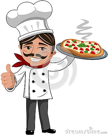 Smiling Chef serving italian pizza Vector Illustration