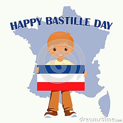 Smiling child boy holding a France flag on a white background. Vector cartoon mascot. Holiday illustrations for the Basti Cartoon Illustration