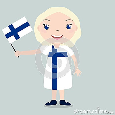 Smiling child, girl, holding a Finland flag isolated on white background. Vector cartoon mascot. Holiday illustration to the Day Vector Illustration