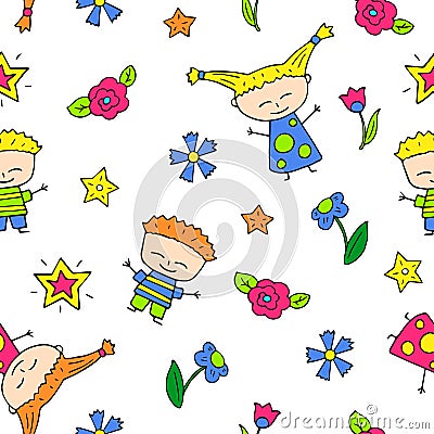 Smiling child doodle characters seamless pattern. Stock Photo