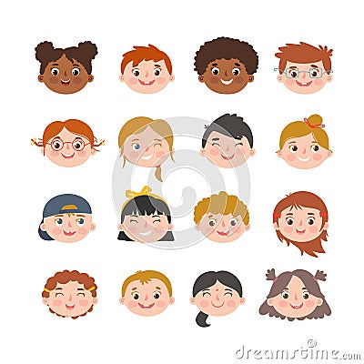 Smiling children faces with different hair and skin color. Vector. Isolatead Vector Illustration