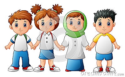 Smiling children holding hands together Vector Illustration