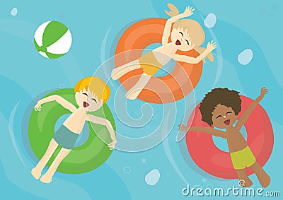 Smiling children on a inflatable pool tubes Stock Photo