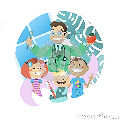 Smiling children stand next to a pediatric dentist. illustration for pediatric dentistry Vector Illustration