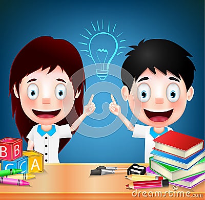 Smiling Children Student Characters with Idea on Blue Background Vector Illustration