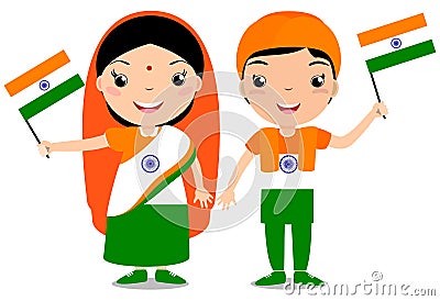 Smiling chilldren, boy and girl, holding a India flag isolated on white background. Vector cartoon mascot. Holiday illustration to Vector Illustration