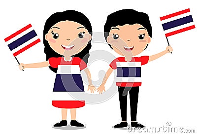 Smiling chilldren, boy and girl, holding a Thailand flag isolated on white background. Vector cartoon mascot. Holiday illustration Vector Illustration