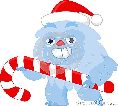 Smiling Christmas Yeti Bigfoot Cartoon Character Holding Big Candy Cane Vector Illustration