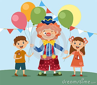 Smiling clown giving balloons to cute boy and girl Cartoon Illustration