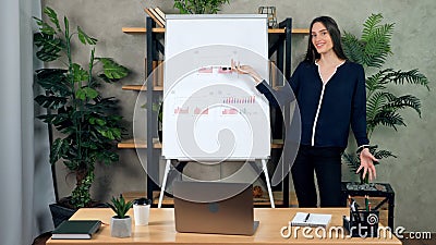 Smiling coach records online business webinar master class course at home office Stock Photo