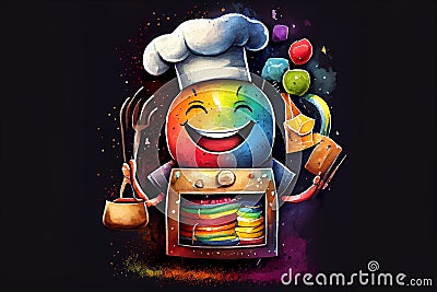 A smiling, colorful, and happy oven on a dark background, radiating warmth and joy with its cheerful expression, generative ai Cartoon Illustration