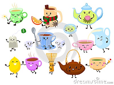 Smiling colorful tea cup, kettle on comic cartoon health food drink vector illustration isolated on white. Vector Illustration