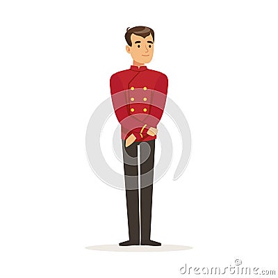 Smiling concierge or porter character wearing red double breasted uniform, hotel staff vector Illustration Vector Illustration