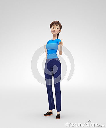 Smiling, Confident and Strong Jenny - 3D Cartoon Female Character Model - Shows Thumbs Up In Successful and Pleased Stance Stock Photo