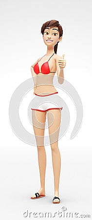 Smiling, Confident and Strong Jenny - 3D Cartoon Female Character Model - Shows Thumbs Up In Successful and Pleased Stance Stock Photo