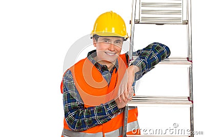 Smiling construction worker with ladder. Stock Photo