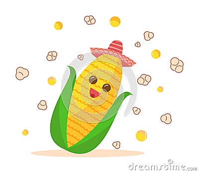 Smiling corn vegetable chracter in a Mexican hat. Vector Vector Illustration