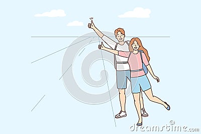 Smiling couple hitchhiking g on road Vector Illustration