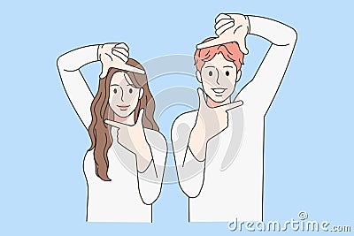 Smiling couple make frame gesture with hands Vector Illustration