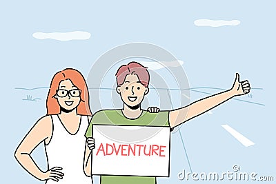 Smiling couple hitchhiking on road Vector Illustration