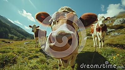 Smiling cow licks the camera in the shot. Stock Photo