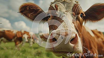 Smiling cow licks the camera in the shot. Stock Photo