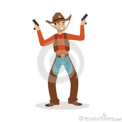 Smiling cowboy holding his guns western cartoon character vector Illustration Vector Illustration