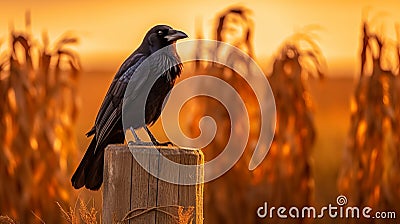 Smiling Crow Perched On Wooden Post At Sunset Stock Photo
