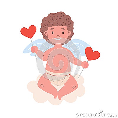 Cupid sitting on a cloud with two lollipops Vector Illustration