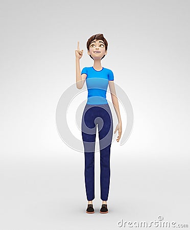 Smiling, Curious and Delighted Jenny - 3D Cartoon Female Character Model - Intrigued By Awesome Brilliant Idea Stock Photo