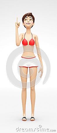 Smiling, Curious and Delighted Jenny - 3D Cartoon Female Character Model - Intrigued By Awesome Brilliant Idea Stock Photo