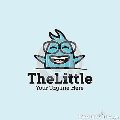 Smiling curious little blue monster logo design illustration, cartoon cute character funky mascot little monster Cartoon Illustration