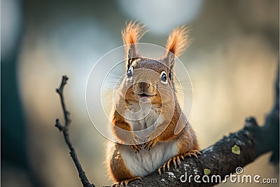 smiling curious squirrel sits on a branch and watches. Generative AI Stock Photo