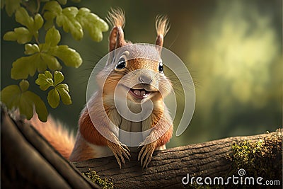 smiling curious squirrel sits on a branch and watches. Generative AI Stock Photo