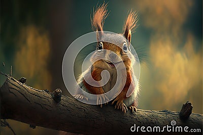 smiling curious squirrel sits on a branch and watches. Generative AI Stock Photo