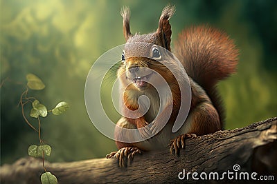 smiling curious squirrel sits on a branch and watches. Generative AI Stock Photo