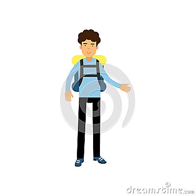 Flat vector illustration of smiling curly-haired boy teenager standing with backpack, travel and tourism concept Vector Illustration
