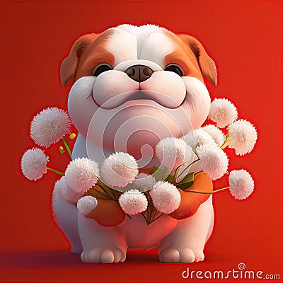 Smiling cute bulldog holding bouquet in colorful flower isolate warm background. Stock Photo