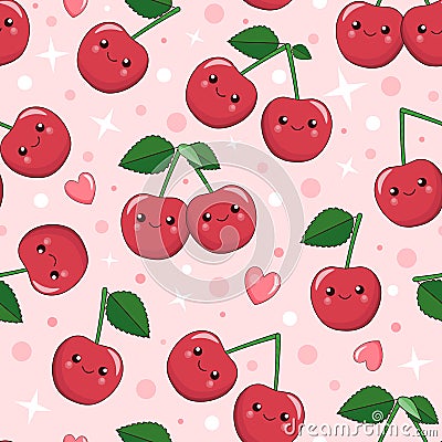 Smiling cute cartoon kawaii berries of cherry, seamless background Vector Illustration