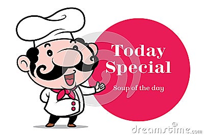 Smiling cute chef cartoon with big moustache introduce special menu with red circle signboard Vector Illustration