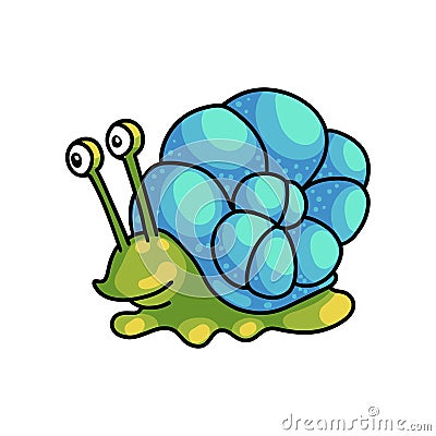 Smiling cute green snail with colorful blue shell Vector Illustration