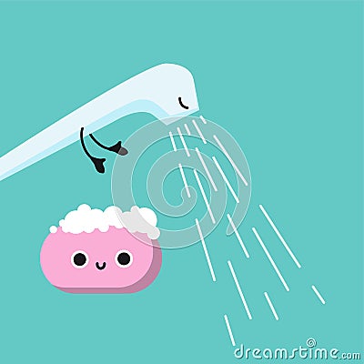 Smiling Cute Kid hygiene shower and soap, Habituate kid card. Vector Illustration