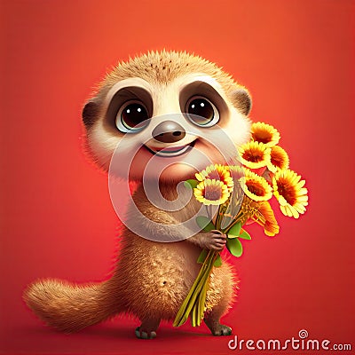 Smiling cute meerkat holding bouquet in colorful flower isolate warm background. Stock Photo