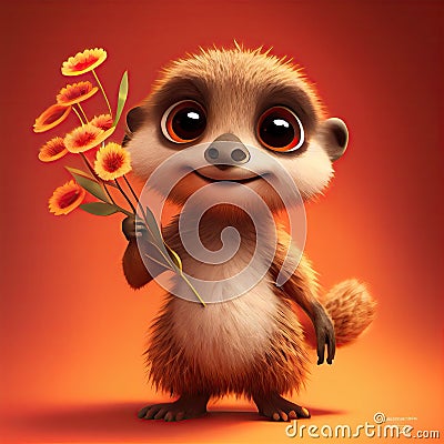 Smiling cute meerkat holding bouquet in colorful flower isolate warm background. Stock Photo