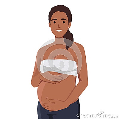 Smiling cute pregnant woman caressing her belly Cartoon Illustration